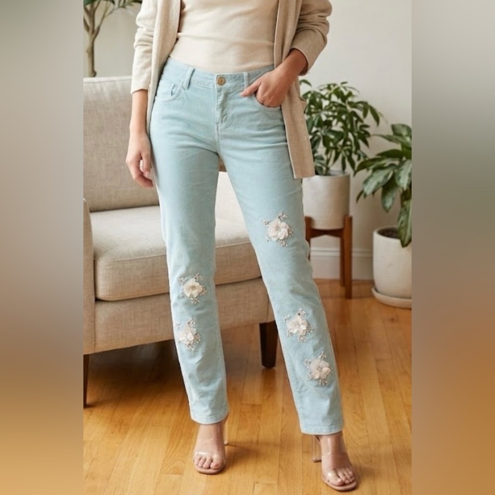 Blumarine Pale Blue Skinny Jeans with Floral Embroidery size I 46 D 40